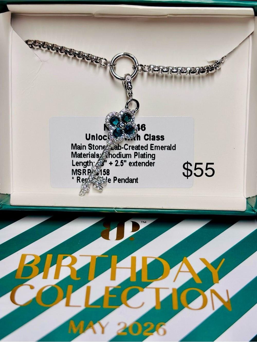 Birthday Collection Emerald Key Pendant Necklace in Silver
